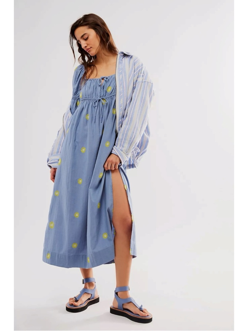 Free People Emory Embroidered Linen Midi Maxi Dress Blue Medium Bohemian Prairie